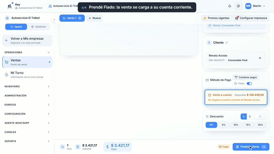 Paso 3: Activá Fiado, en la pantalla de Key