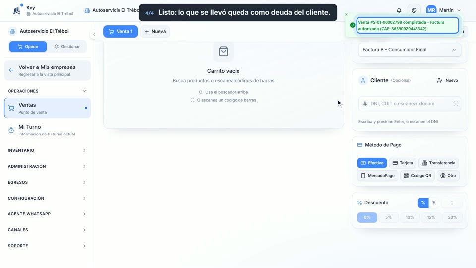Paso 4: Finalizá la venta, en la pantalla de Key