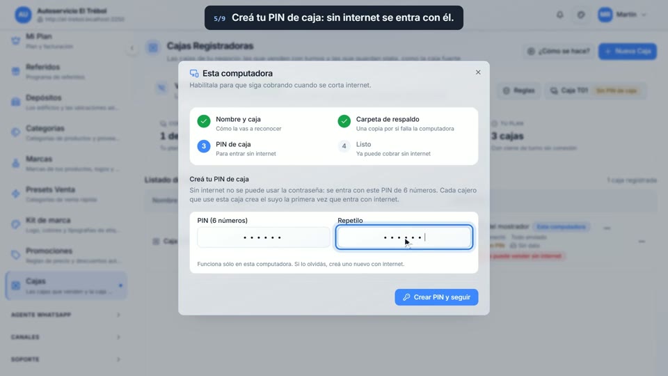 Paso 5: Creá tu PIN de caja, en la pantalla de Key