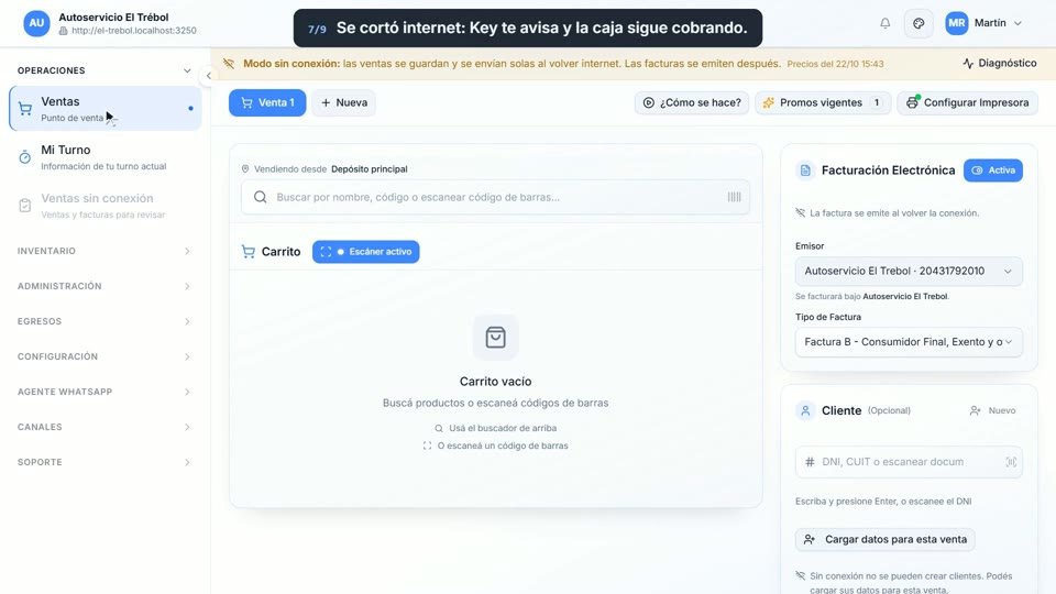 Paso 7: Se corta internet, en la pantalla de Key