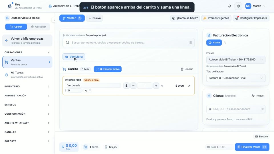 Paso 2: Tocalo en Ventas, en la pantalla de Key